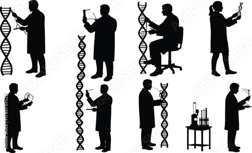 Scientists studying DNA helix structures, biotechnology experiment, molecular biology innovation, genome research, laboratory science 