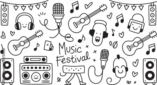 Whimsical black and white doodle sheet of music festival elements with smiling characters and instruments