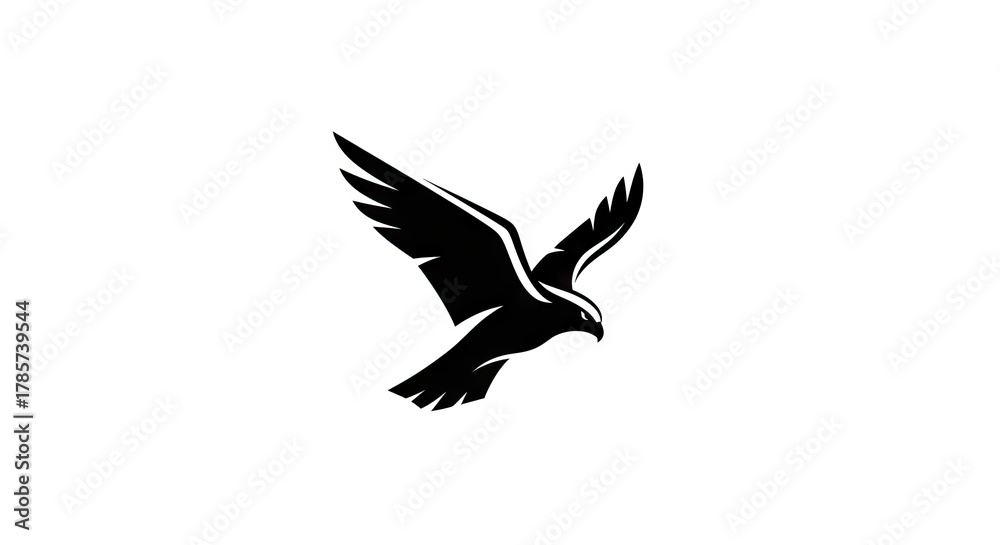 Obraz premium A bold black silhouette of an eagle soaring with wings spread against a stark white background
