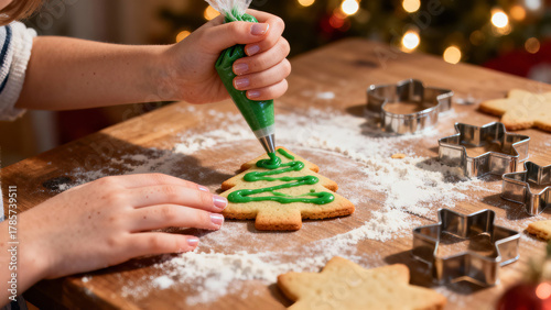Decorating Christmas cookies with green icing in a cozy kitchen during the holiday season