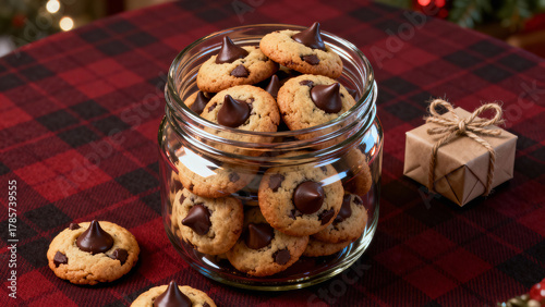 Cookies in a glass jar placed on a red and black checkered tablecloth next to a wrapped gift during the holiday season