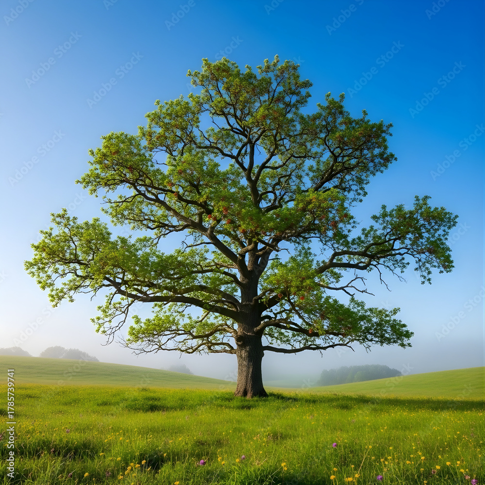 Fototapeta premium Majestic Tree Standing Alone in a Green Meadow