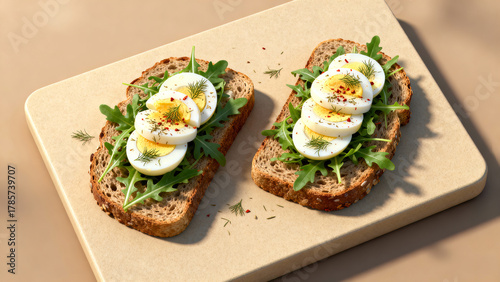 Delicious open-faced sandwiches with boiled eggs, arugula, and spices served on a wooden board