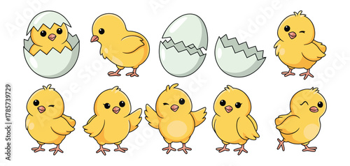 Easter Chick Set – Cute Cartoon Baby Chicken in Egg Shell, Funny Yellow Bird Characters for Spring, Kids Design and Vector Illustration