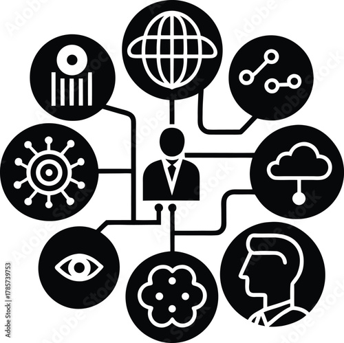 Adobe Illustrator Artwork Big data and AI technology, Business intelligence and AI data science, Automating data processing, Machine learning and business intelligence, AI driven data processing, KPI 