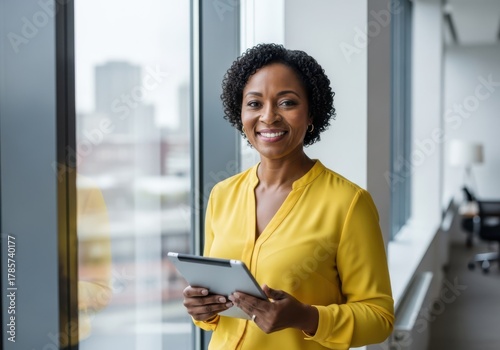 Smiling Black woman in yellow shirt holding tablet by office window african american happy