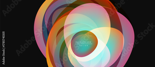 Abstract colorful layers create dynamic circular design. Gradient hues blend, forming vibrant visual effect. Modern background element.