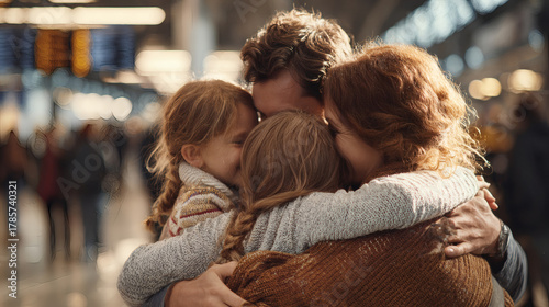 Family embracing warmly at airport, showing heartfelt reunion and travel emotions