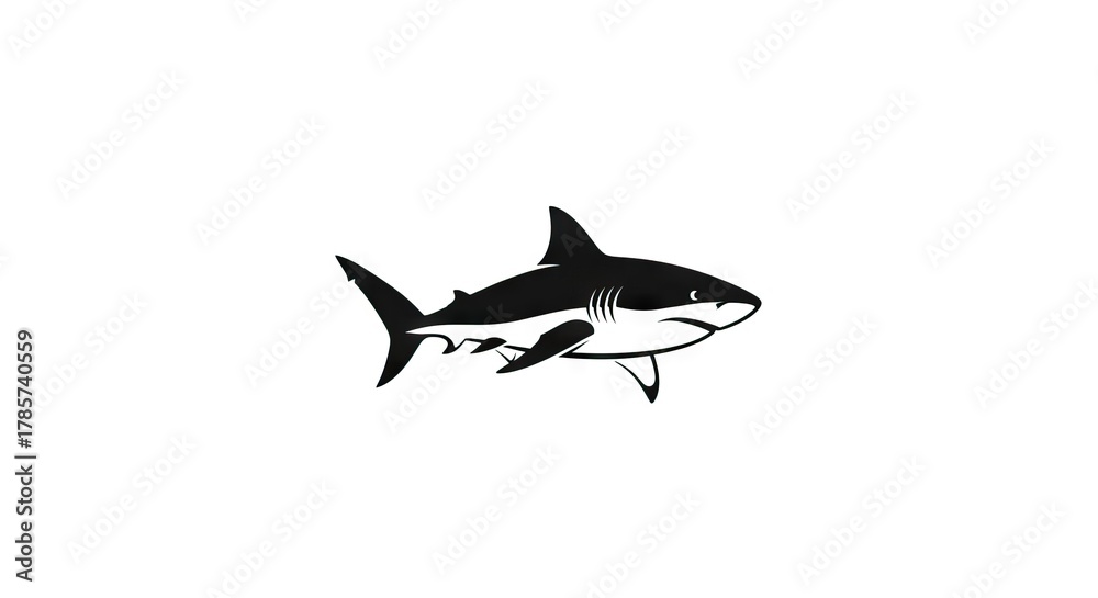 Fototapeta premium Black and white cartoon of a shark with a fin and pointy teeth swimming to the right