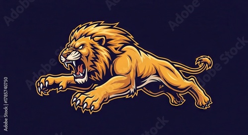 Fierce lion mascot roaring with sharp teeth and claws visible set against a dark background