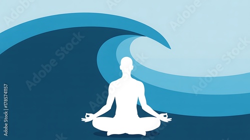 Fototapeta Naklejka Na Ścianę i Meble -  White silhouette of person meditating in lotus pose against blue wave background meditation