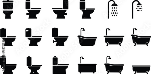 Bathroom fixture silhouettes including toilets, bathtubs, and showers, interior design icons, plumbing illustration, modern sanitary ware elements, architectural decor symbols