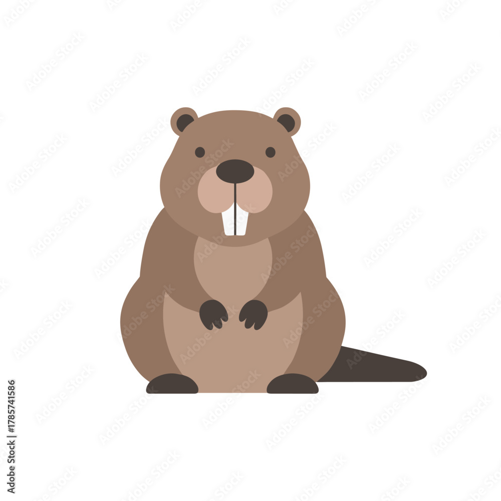 Fototapeta premium Cute flat illustration of a brown beaver sitting upright, minimal cartoon style with rounded shapes, isolated, suitable for children’s education and animal design themes