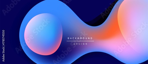 Abstract fluid shapes blend, creating vibrant gradients. Blue, pink, orange hues dominate dark background. Minimalist design elements present.