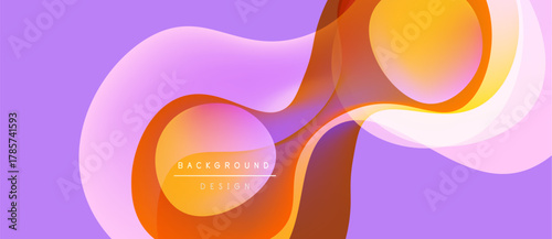 Abstract fluid shapes overlap, creating warm color gradients. Lilac background complements orange, peach tones. Modern design element.