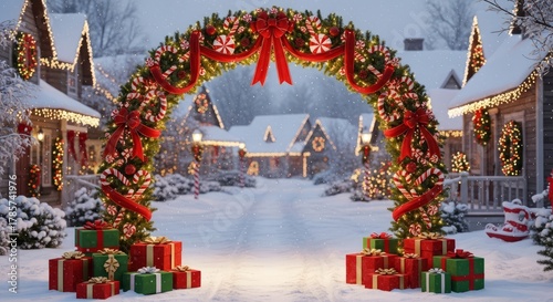 Festive Christmas Archway Decorated with Lights and Gifts