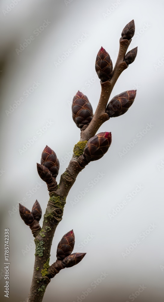 Fototapeta premium Close-up of dormant tree buds on a branch in winter season