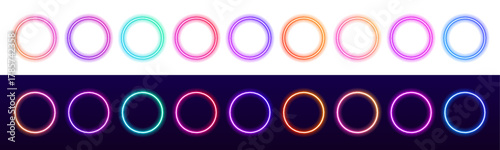 Neon circular frame with gradient glow, transparent PNG format. Perfect for labels, stickers, or abstract branding. Modern vivid light design.