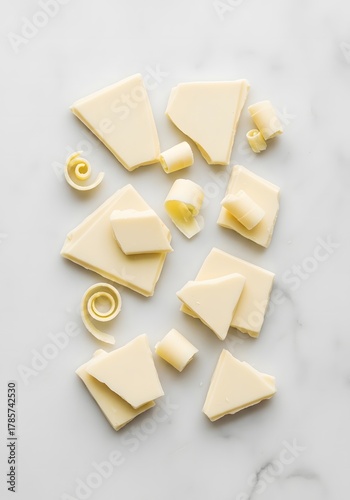 Flat lay of pure white chocolate shards