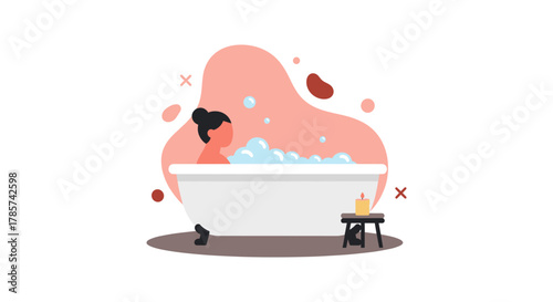 A woman relaxes in a bubble bath, enjoying a moment of self-care and tranquility with a serene ambiance.