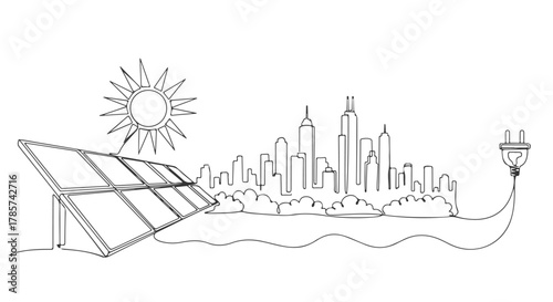 Captivating continuous one line drawing illustrating a sustainable cityscape powered by clean solar energy, showcasing a future of renewable power innovation