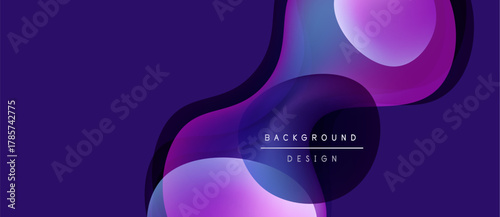Abstract fluid shapes overlap, creating vibrant purple gradients. Modern design features text background, design. Dark backdrop enhances visual impact.