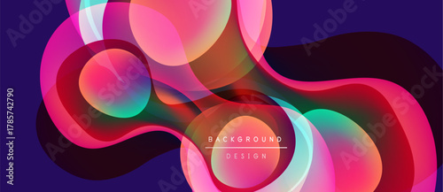 Abstract fluid shapes, vibrant colors blend. Dynamic composition, modern design elements create visual interest. Background suggests energy, movement.