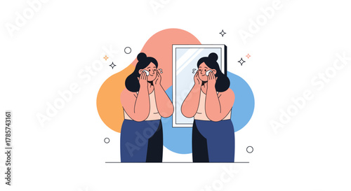 A woman examines her face in a mirror, reflecting on self-care and beauty, depicted in a modern, minimalist illustration style.