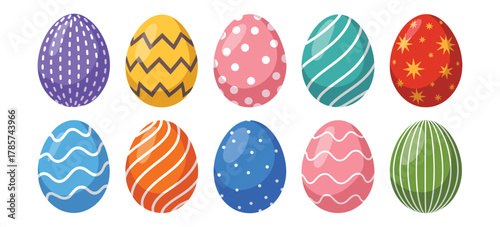 Easter Egg Icon Set – Cute Cartoon Colorful Eggs for Spring Holiday Hunt, Decorative Elements Isolated on White, Vector Illustration