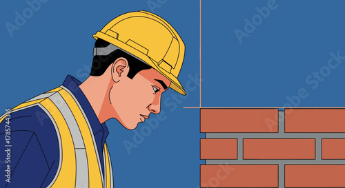 A focused construction worker in a hard hat and safety vest meticulously builds a brick wall, ensuring precision and quality on the job site.