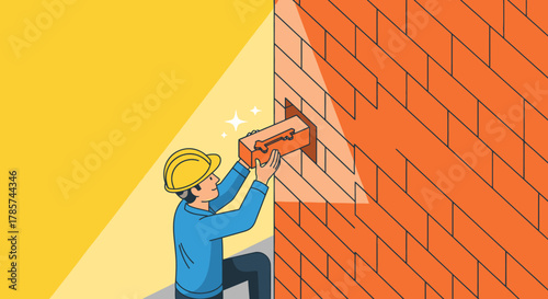 A dedicated construction worker meticulously places the final, perfectly fitting brick into a newly built or repaired wall, symbolizing completion and problem-solving.