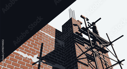 A low-angle view of a modern brick building under construction, featuring scaffolding and exposed rebar against a bright sky, symbolizing progress and urban development.