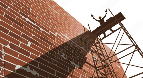 A determined worker, silhouetted on high scaffolding, diligently builds a towering brick wall, symbolizing architectural progress and dedicated effort.