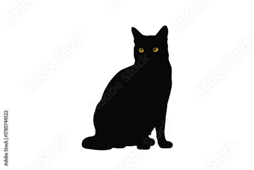 Black cat silhouette with yellow eyes vector illustration of a feline pet isolated on white background