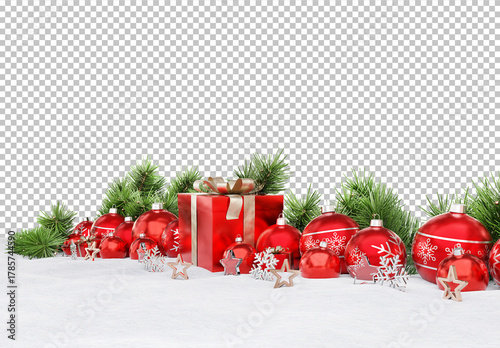 Isolated Christmas Scene with Red Decorations, Gifts and Baubles on Snow