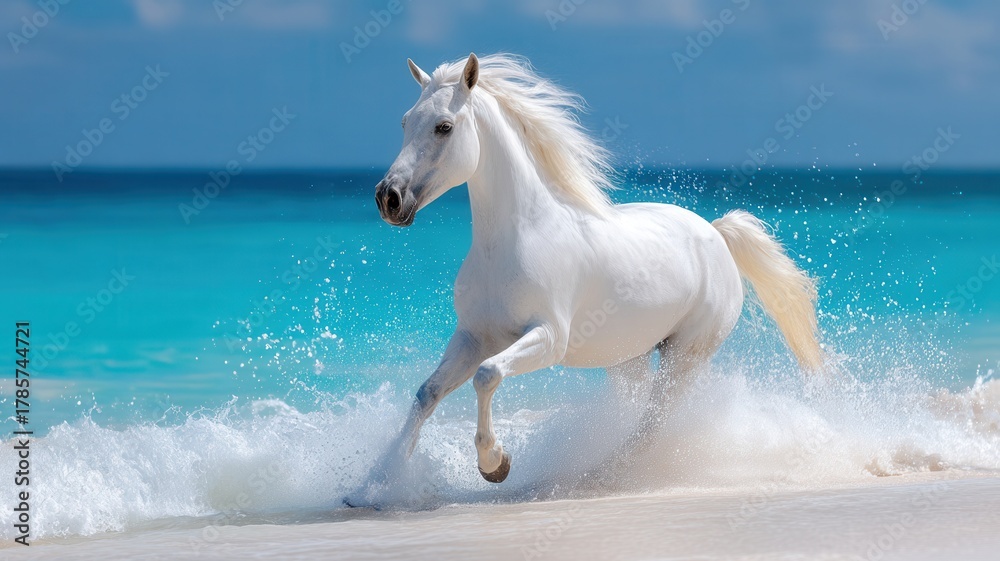 Fototapeta premium White horse galloping through shallow turquoise water, creating splashes a sandy beach under clear sky a blue