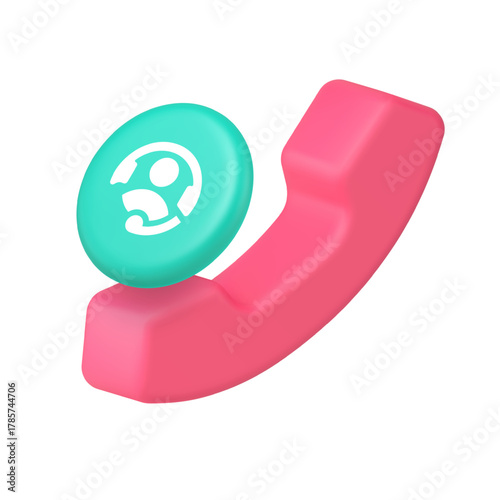 Customer service support and call center communication concept with telephone and headset symbol for help desk applications. Modern 3d icon realistic vector illustration