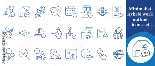 Minimalist hybrid work outline icon set, hybrid work, remote work, office work, work from home, home office, co-working, virtual meetings, video calls, online collaboration, digital workplace and more