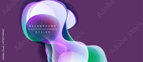 Abstract fluid shapes overlap, creating vibrant purple, green hues. Text reads background design within central form. Modern, dynamic composition.