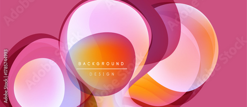 Abstract design features overlapping translucent circles. Pink, orange, yellow hues create dynamic visual effect. Modern background texture.