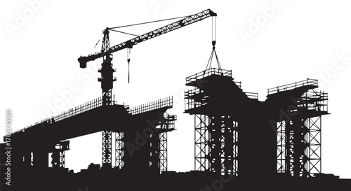 Silhouette of a bridge under construction, with a crane lifting a segment, showcasing engineering and infrastructure development against a white backdrop.
