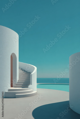 Minimalist architecture with white curvilinear building and swimming pool by the ocean