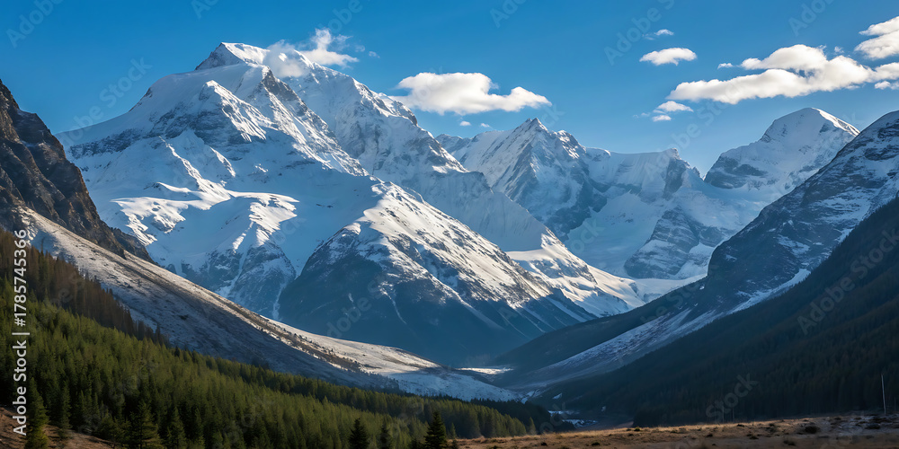 Obraz premium Summer view of high Swiss Alps peaks with green valleys, bright sky, and scattered clouds
