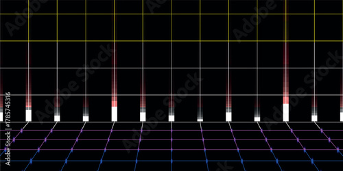 Retro-futuristic digital landscape with a glowing perspective grid and light bars.