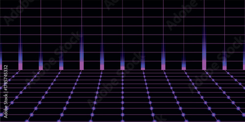 Retro futuristic synthwave background with a glowing purple neon grid extending into a dark digital horizon.
