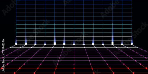 A futuristic digital landscape with a glowing grid creating a sense of infinite perspective on a black background.