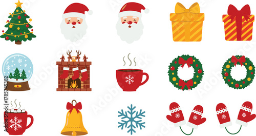 Christmas holiday illustration set with Santa Claus, tree, gifts, snow globe, fireplace, wreaths, mugs, bell, snowflake, festive icons