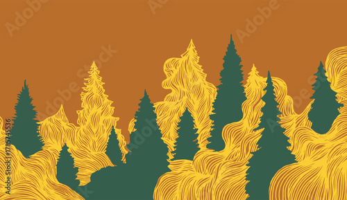 Layered forest illustration with dark green pine tree silhouettes over an abstract, flowing yellow or gold textured background. Hand-drawn brush lines create a unique autumnal or wilderness graphic de