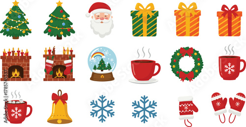 Christmas holiday icon set with Santa Claus, trees, gifts, fireplaces, snow globe, mugs, wreath, bell, snowflakes, mittens, gloves