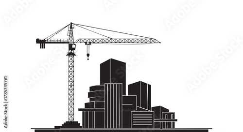 A construction crane towers over a cityscape silhouette, representing urban development and architectural progress in a modern environment.